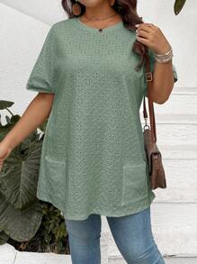 SHEIN LUNE 大码女式扎染刺绣双口袋休闲宽松T恤女式春季装女式夏季装女式夏季服装复活节女式西部装女式全白女式机场装女式机场装可爱夏季上衣卡哇伊 - 薄荷綠 - 查看 6