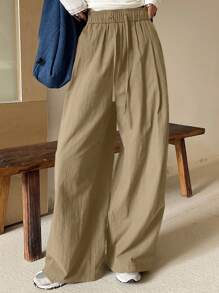 DAZY Solid Color Loose Fit High Waist Wide Leg Pants, Elastic Waist Casual Women Trousers, Summer,Teacher Pants - Army Green - View 4