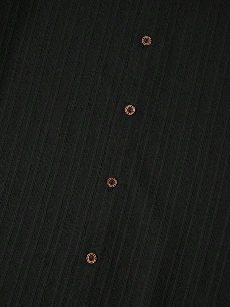 Boys Casual Loose Fit Wave Fabric Stand Collar Button Down Short Sleeve Shirt, Versatile For School, Garden, Beach, Birthday, Spring, Summer, Fall, Winter Boys Black Shirt Boys Collared Shirt Boys Dress Shirt Boys Button-Down Shirt - Black - View 4