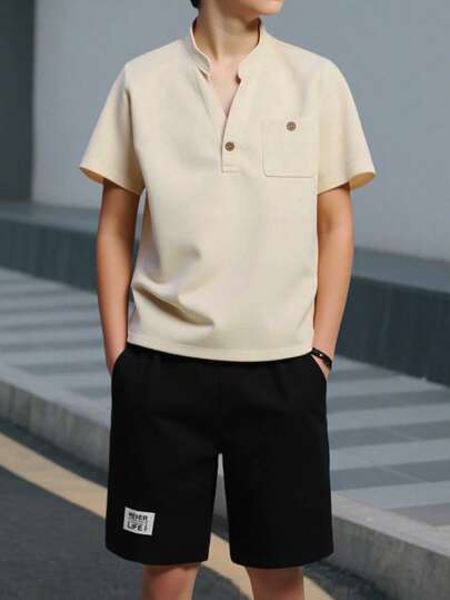 SHEIN 男童简约轮廓黑色衬衫和短裤套装，休闲、舒适、时尚、百搭、面料柔软，适合上学、户外、春夏季