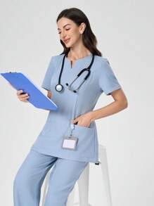 TaskEZ 2 Pieces Women's /Nurse Scrub Uniform Set: Long Top & Pants - Dusty Blue - View 6
