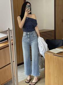 DAZY 女式常规直筒休闲七分牛仔裤 - 淺色水洗藍 - 查看 5