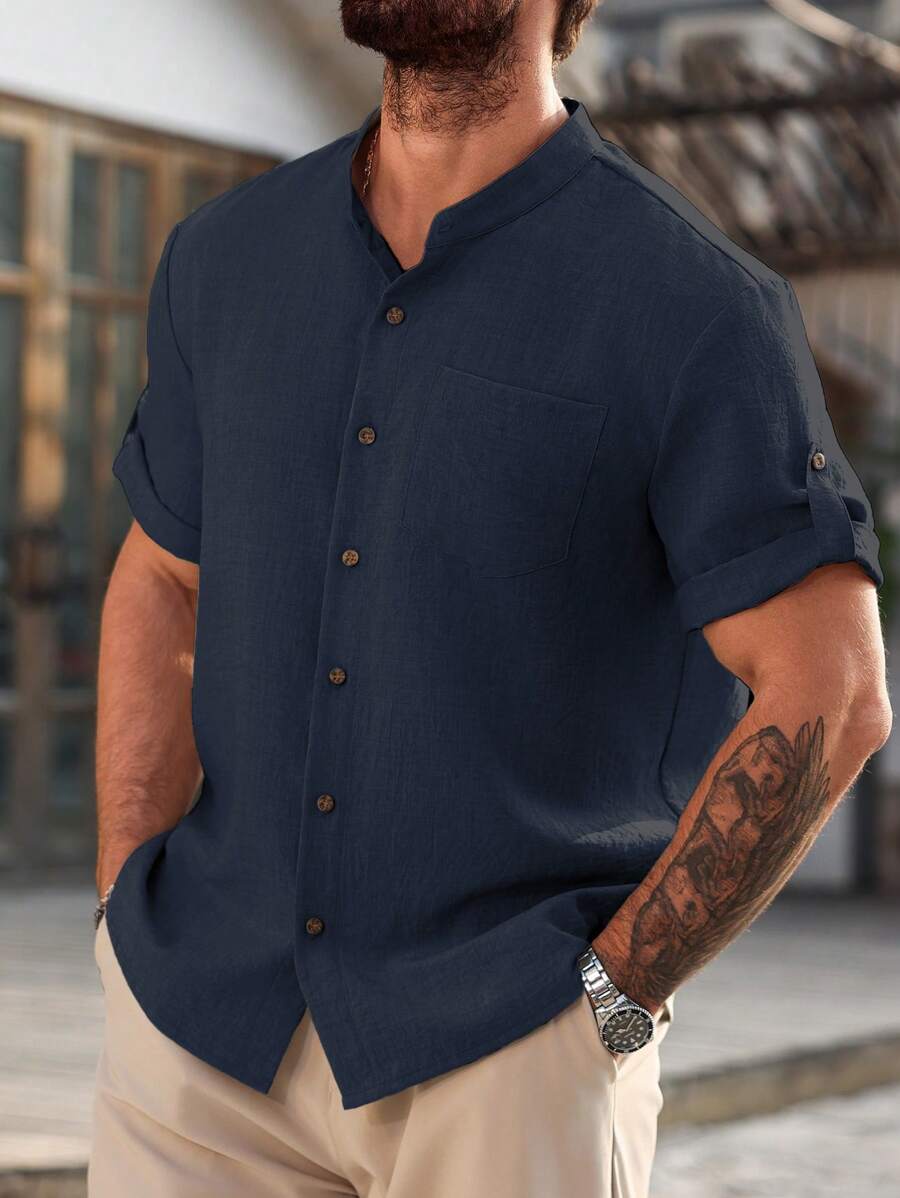 Manfinity Homme Men's Plus Size Solid Color Minimalist Short Sleeve Casual Shirt - Navy Blue - View 1