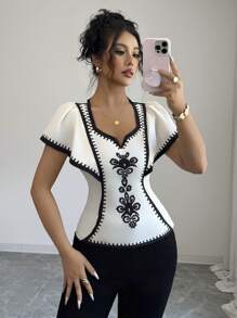 Selianne 女式花卉印花荷叶边下摆短袖修身衬衫