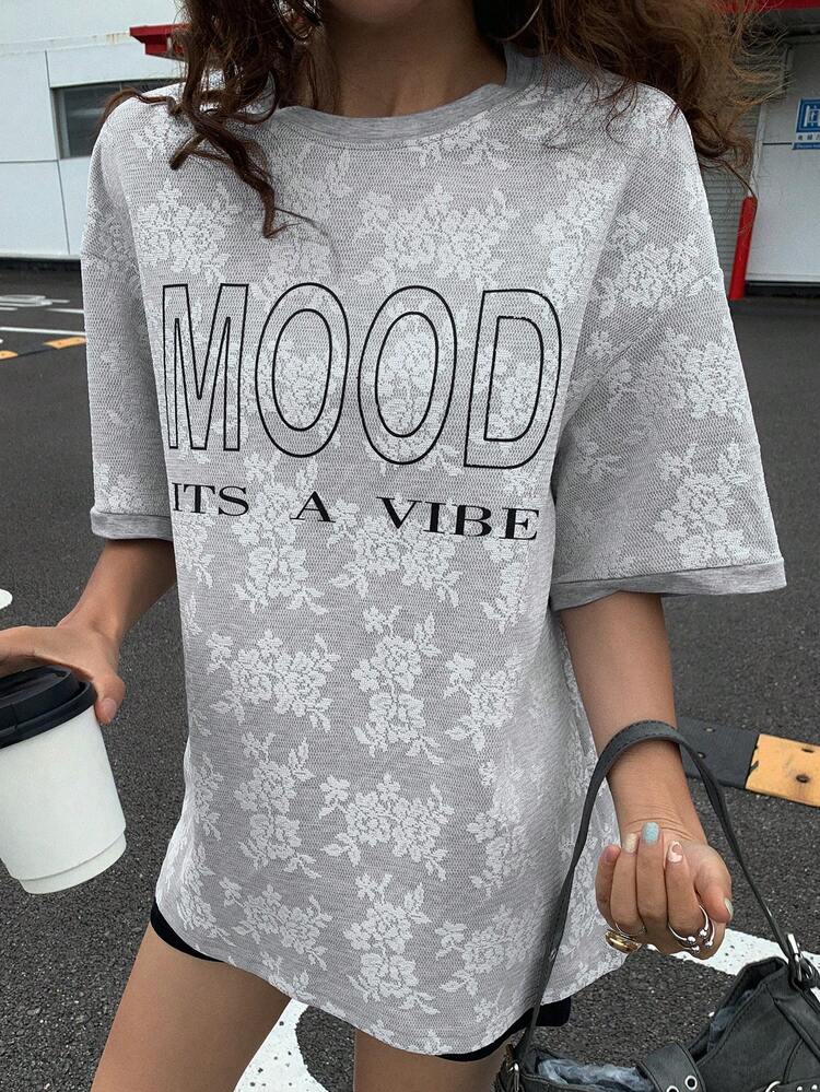 Women's Summer Round Neck Letter Print Short Sleeve Lace T-Shirt Oversized T-Shirt,Graphic Tees