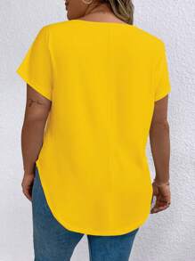 Plus Size Solid Color Asymmetric Hem Casual Short Sleeve T-Shirt, Summer - Yellow - View 2