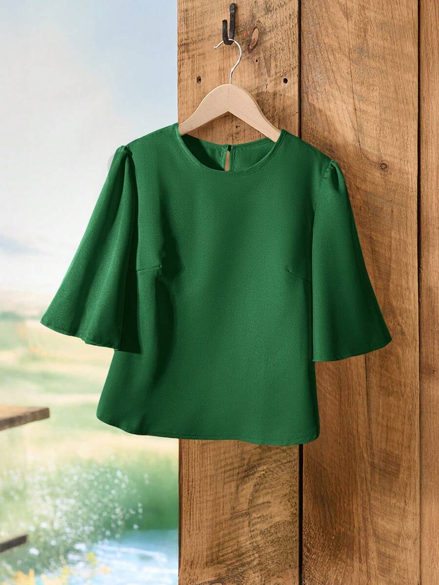 Rusticease Camisa de manga abombada de color liso, casual y para ir al trabajo - Verde Oscuro - Ver 1