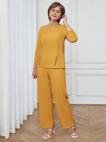 Miaspire 2 piezas Conjunto de blusa de manga larga con botones decorativos y pantalones de unicolor minimalista, conjunto casual de verano amarillo para mujer primavera-verano - Amarillo - Ver 3