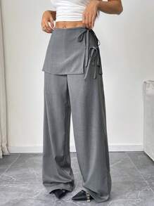 Flirla 女式系带皮革饰边直筒阔腿休闲裤，优雅风格，春夏