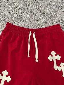 SHEIN 1 pieza Pantalones cortos casuales de estampado de cruz holgados con cordón en la cintura para adolescentes varones, para uso en verano y primavera; Ropa de niños adolescentes; Chaquetas de niños, de vuelta al colegio en primavera