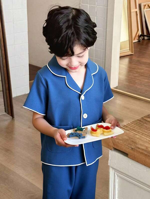 2pcs/Set Toddler Boys Solid Color Simple Blue Collar Short Sleeve Cardigan And Pants Home Outfit, New Design Sleeping Clothes For Kids