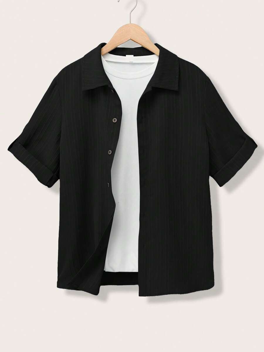 Boys Casual Loose Fit Wave Fabric Stand Collar Button Down Short Sleeve Shirt, Versatile For School, Garden, Beach, Birthday, Spring, Summer, Fall, Winter Boys Black Shirt Boys Collared Shirt Boys Dress Shirt Boys Button-Down Shirt - Black - View 1