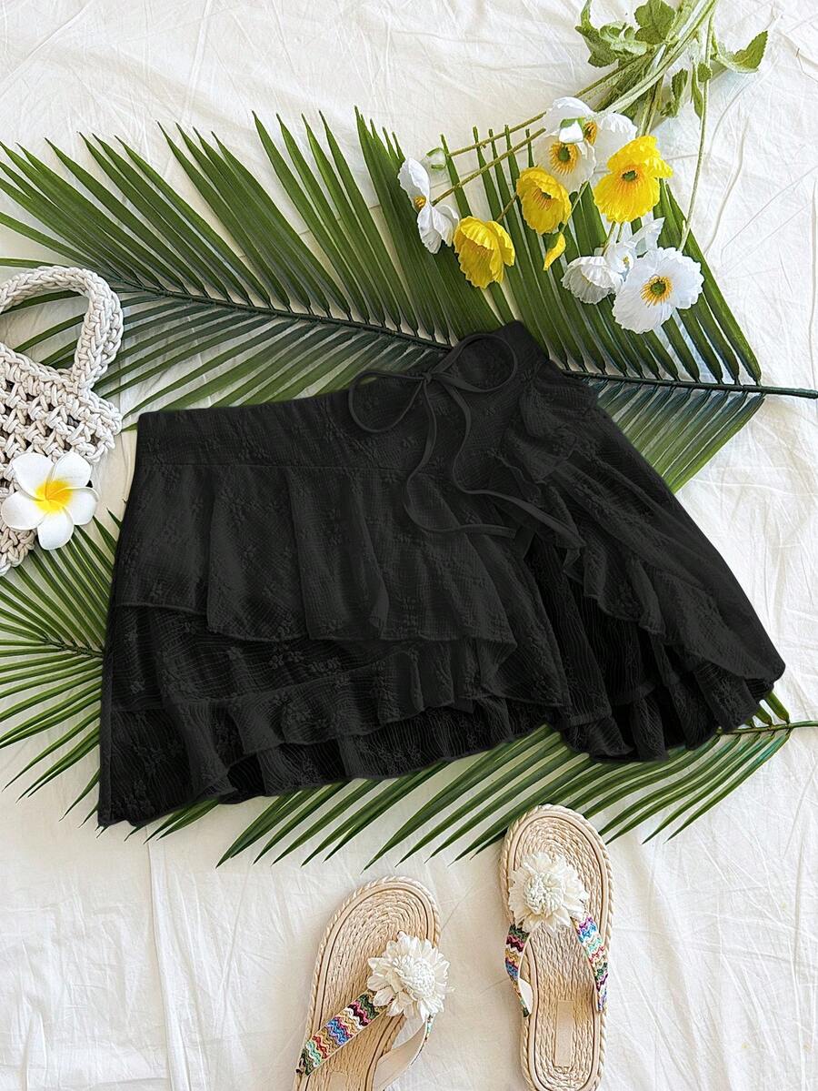 Soleia 女士度假针织不对称下摆荷叶边迷你裙，适合派对、性感、情人节 - 黑色 - 查看 1