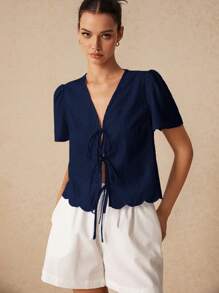Poéselle Women's Summer Plain Tie-Front Short Puff Sleeve Blouse