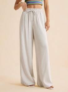SHEIN Tall 女士纯色亚麻抽绳腰复古款长裤，通勤装，女士日常沙滩装夏装度假亚麻裤女士亚麻长裤，亚麻裤 - 杏色 - 查看 3