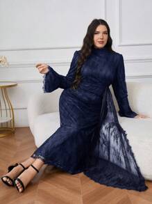 Graceveil 大码女式蕾丝喇叭袖针织优雅朴素华丽阿拉伯连衣裙 - 藏蓝色 - 查看 6