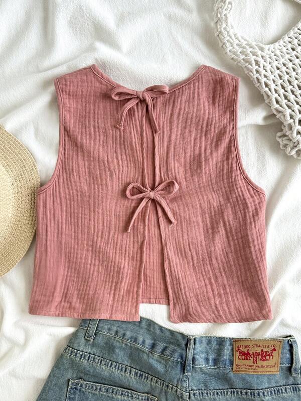 SHEIN Top de tirantes con lazo hueco para niñas preadolescentes, informal y básico, adecuado para vacaciones y viajes