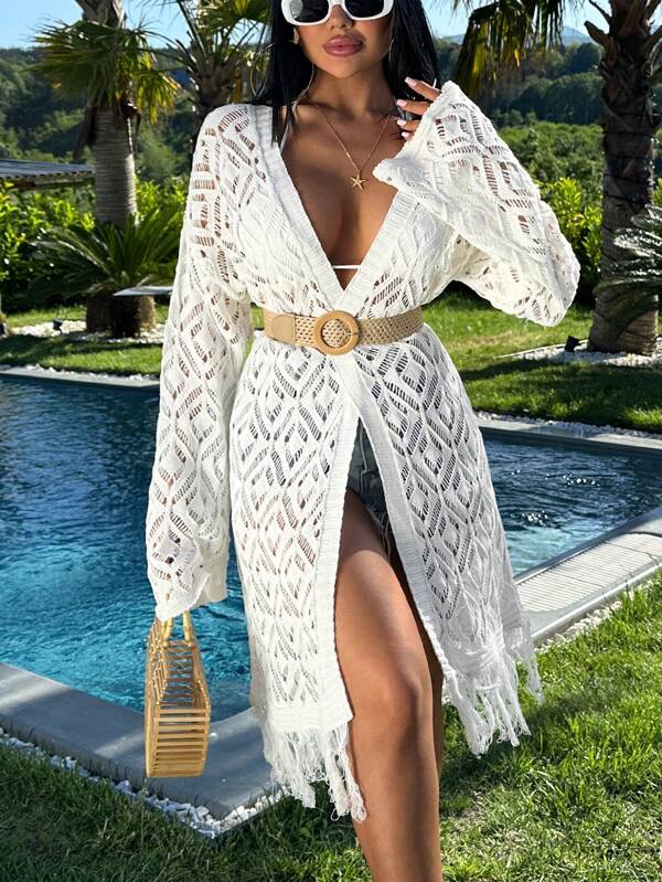 SHEIN Women Hollow Out Cardigan With Tassel Women Summer Clothing