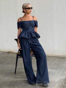 DAZY Women's Ruffle Ruffled Blouse And Wide-Leg Jeans Set - Dark Wash - View 7