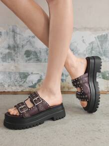 Sugerpunk 女士黑色圆头厚底铆钉凉拖，休闲时尚街头风格人字拖 - 酒紅色 - 查看 6