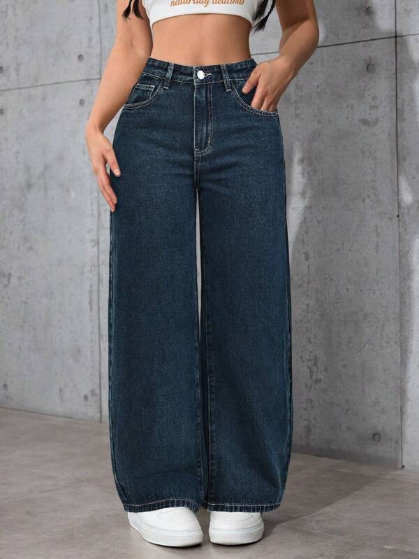 SHEIN PETITE Jeans de pierna campana holgados con bolsillos para mujeres, casuales y versátiles