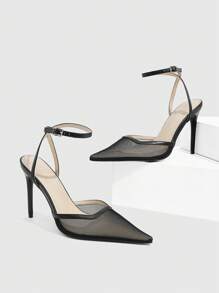 CUCCOO SZL Giày cao gót nữ 10,8cm kết hợp da PU và lưới màu đen, thanh lịch và thời trang - màu đen - Xem 2