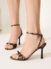 CUCCOO SZL 女士豹纹水钻心形装饰 8.8 厘米高跟圆头时尚优雅高跟凉鞋