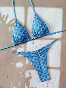 Swim Vcay Costume de baie bikini pentru femei, set 2 buc., model mini, cu imprimeu floral, croială înaltă, tip tanga, multicolor, pentru plajă și resort