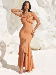 Hauture Women's Solid Color Ruffle Layered Front Slid Adjustable Shoulder Strap Summer Dress For Vacation, Summer, Beach Style - Orange - View 4