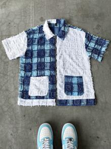 Manfinity EMRG Men's Summer Patchwork Plaid Pocket Casual Short Sleeve Shirt Shirt Set Man Shirt Set - Multicolor - View 4