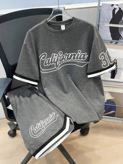 SHEIN Teen Boys' Casual Loose Comfortable Versatile Print Pattern Contrast Color Drawstring Decor Short Sleeve Top And Shorts Set