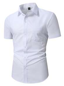 Calvornis Plus Size Men's Casual Business Plain Color Patchwork Pocket Short Sleeve Shirt, Summer - White - View 4