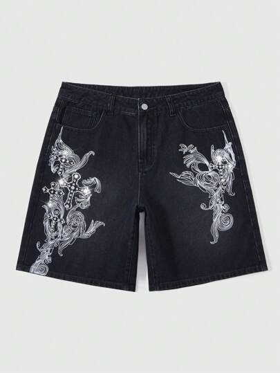 Gothic Herren Mode Kreuz bedruckte lässige Knopf Jeans Shorts, Halloween