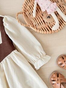 SHEIN LMoss Kids Baby Girls Cute Summer Holiday Contrast Color 2 In 1 Apricot Long Sleeve Dress Baby Vintage Dress Baby Fall Dress Winter - Khaki - View 5