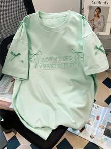 SHEIN Plus Size Women's T-Shirt With Letter Embroidery And Bow Decor - Mint Green - View 1