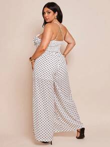 SHEIN BAE Macacão Elegante de Bolinhas Pretas com Babados em Camadas Tamanhos Grandes para Mulheres, Uso Casual Diário, Primavera/Verão - Branco - Visão 2