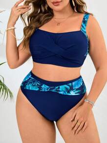 Swim Lushoire Plus Size Women 2pcs Set Plant Print Cross Front Camisole Top And Triangular Bottom Swimsuit Set, For Vacation,Summer Outfits For Women,Bathing Suit
