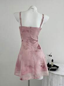 Elamini 女士 3D 花卉装饰褶饰吊带裙 - 藕粉色 - 查看 2