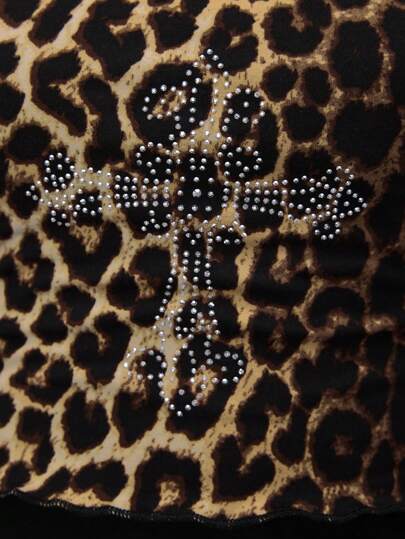 Grunge Punk Women's Street Fashion Halter Leopard Cross Rhinestone Drawstring Ruched Fitted T-Shirt