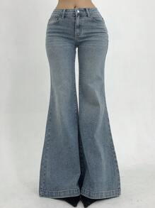 DAZY 女士低腰喇叭牛仔裤，休闲性感纯色简约风格牛仔裤 - 淺色水洗藍 - 查看 4