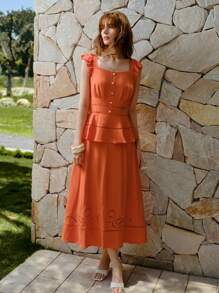 MOTF PREMIUM SWEETHEART NECK RUFFLE ARMHOLE PEPLUM WAIST LASER CUT DRESS