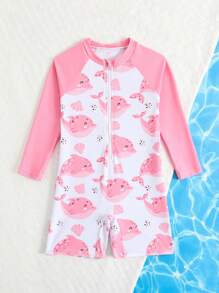 Baby Girl New Long Sleeve One-Piece Print Swimsuit, Random Pattern Swimming Suit Swim Suits Swim Wear Swimsuit Cover