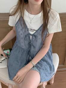 DAZY Women Solid Color Spaghetti Strap Sheer Lace Up Summer Casual Tank Top