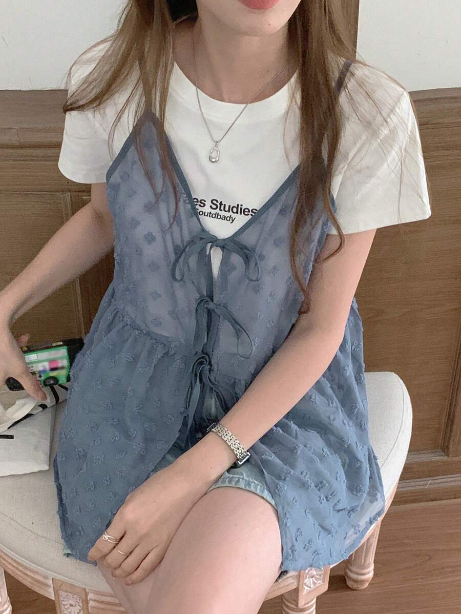 DAZY Women Solid Color Spaghetti Strap Sheer Lace Up Summer Casual Tank Top