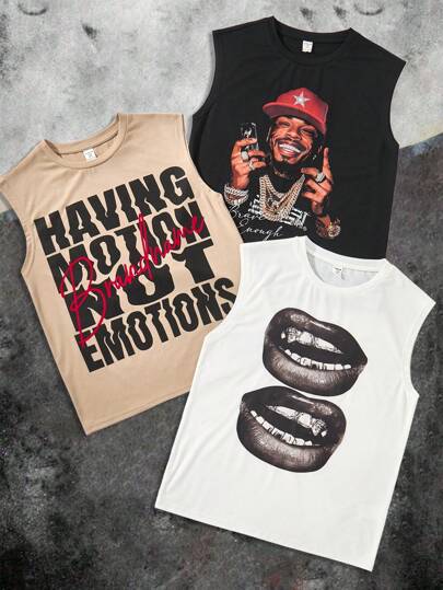 SHEIN 3 件套青少年男孩休闲宽肩圆领印花背心，柔软舒适，百搭，适合春夏季日常穿着、户外活动、学校、街头风格、派对和休闲