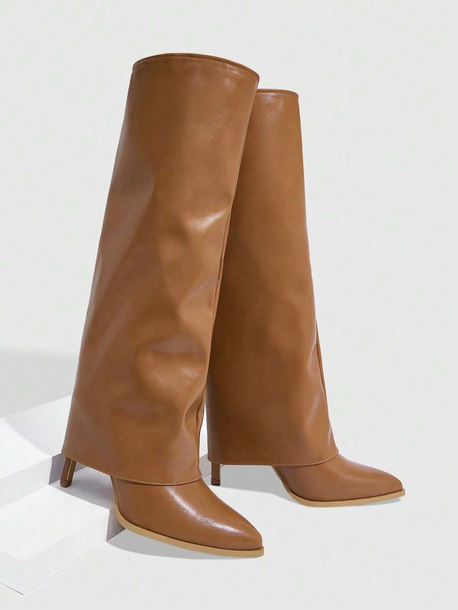 CUCCOO SZL Cuccoo 尖头过膝长靴，纤细细跟过膝长靴，性感淑女骑士风格 - 杏色 - 查看 1