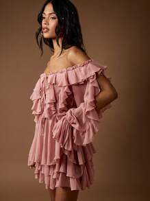MISSGUIDED Chiffon Ruffled Off Shoulder Mini Dress Boho Bardot Dreamy Party Special Occasion Spring Summer Statement Sleeves Tiered Ruffle - Dusty Pink - View 5