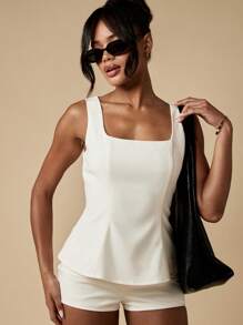 MISSGUIDED 荷叶边背心方领无袖专业商务工作办公室侧面板合身优雅晚装夏季春季婚礼宾客 - 白色 - 查看 6