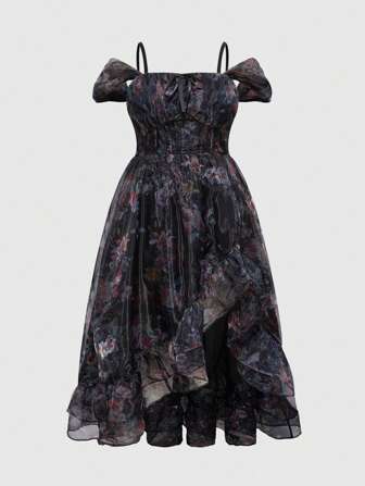 ROMWE Avant Vestido largo de talla grande con estampado floral, hombros descubiertos, lazo y abertura alta, para vacaciones de jardín, atuendos de verano