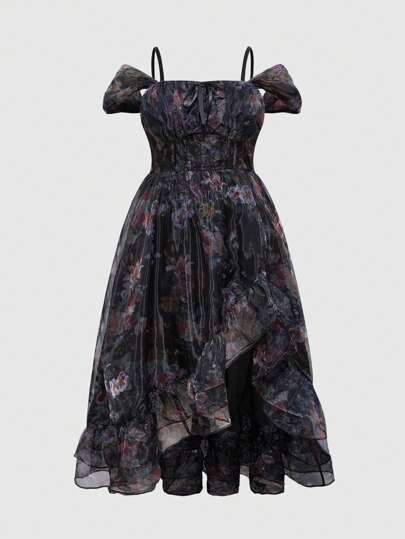 ROMWE Avant Plus Size Garden Vacation Floral Print Off Shoulder Bowknot High Slit Maxi Dress, Summer Outfits